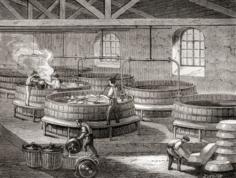 19世紀における大型タンクでの石鹸製造。1870年頃に出版された