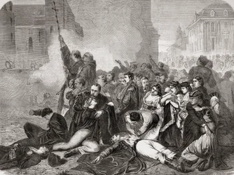 1861年4月8日、ワルシャワのキャッスルスクエアでのロシアの歩兵と騎兵による民間人の虐殺、「L "UniversIllustré」、1866年