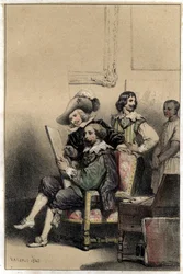 画家ディエゴ・ベラスケス（1599-1660）がアトリエに迎えたピエール・ポール（Pierre-Paul）・ルーベンス（またはPeter PaulまたはPetrus Paulus）（1577-1640）。ヴァレリオによる2色刷りのエングレーヴィング「Scenes de la vie des hommes famous」からの抜粋版。1843.