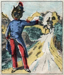 病気のライオンとキツネ。ジャン・ド・ラ・フォンテーヌ（1621-95）の寓話。19世紀末のエピナル画像。