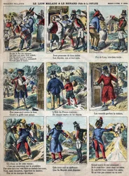 病気のライオンとキツネ。ジャン・ド・ラ・フォンテーヌ（1621-95）の寓話。19世紀末のエピナル画像。