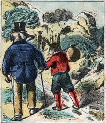 病気のライオンとキツネ。ジャン・ド・ラ・フォンテーヌ（1621-95）の寓話。19世紀末のエピナル画像。