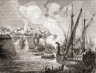 オスマン・トルコのスルタン・メフメト2世による1453年のコンスタンティノープル包囲（1870年頃に出版された "Les Merveilles de la Science "より）。