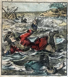 Lemuel Gulliverの沈没。ジョナサン・スウィフト(1667-1745)の『ガリバー旅行記』の挿絵。19世紀後半のエピナル画像。