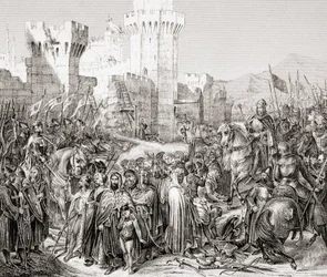 第三回十字軍遠征の際、フィリップ・アウグストと呼ばれるフランスのフィリップ2世にアクレを降伏させた場面（1860年頃、ストラスブールで出版された『L