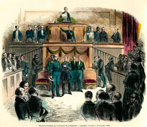 The swearing-in of Louis Napoleon III (Louis-Napoleon), who was officially proclaimed president of the Republic, at the National Assembly on 20 December 1848. He vows “to remain faithful to the one and indivisible Democratic Republic and to fulfill all the