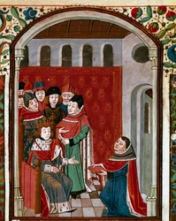 翻訳者のJohn de Meung (or Clopinel or Chopinel) (1240-1305)は、その作品を美しい王であるフィリップ4世(1268-1314)に寄贈する。ラテンの哲学者ボエチェ（Boetius）（475-520）の『哲学者の慰め（De Consolatione Philosophiae）』から引用されたミニチュアで、翻訳者のJean d