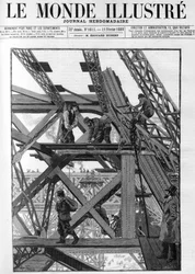1889年の万国博覧会のためのエッフェル塔の作品で、作業員は地上50メートルの高さにいます。1888年の "The Illustrious World "にて。