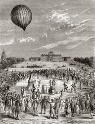 1783年にフランス・パリのシャンゼリゼ通りで打ち上げられた世界初の水素気球（1870年頃に出版された『Les Merveilles de la Science』より）。