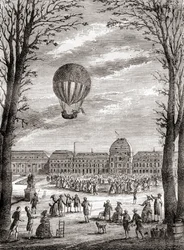 1783年12月1日、フランス、パリのシャン・ド・マルス上空で、ニコラ＝ルイ・ロベールとジャック・シャルル教授が操縦した世界初の有人水素気球飛行。