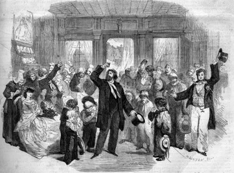 アルフォンス・カール（1808-1890）の「ラ・ペネロープ・ノルマンド」（第一幕）の舞台表現。コメディアンの中には、アレクシス夫人、ドク夫人、ラフォンテーヌ（Henry Lafontaine