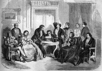 アドルフ・ベロー（1829-1890）とエドモン・ビレタールによる「セザール・ジロドの遺言」（第一幕、遺言書の朗読の場面）の劇場表現。パリ、オデオン座のインペリアル劇場