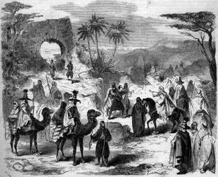 演劇的表現：Victor Sejour (1816 -1874)の「シリアの虐殺」の第一幕のシーンであるキャラバン。パリ、シアター・インペリアル・ドゥ・シルク