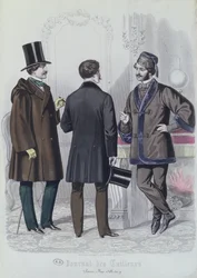 1856年12月、3人のエレガントな若い男性（カラー彫刻）