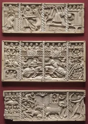 棺桶からの3つのパネル、宮廷ロマンスのシーン、c.1330-1350