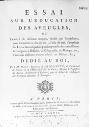 1786年に出版されたヴァランタン・ハウイ（1745-1822）の「アベウグルの教育に関するエッセイ」のタイトルページ（エングレーヴィング） (モノクロ写真)