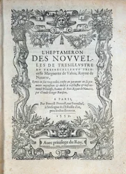 ヘプタメロン」のタイトルページ：ナバラのマルガリータ（Marguerite of Valois, Marguerite of Angouleme or Marguerite of France (1492-1549) ナバラの女王であり、詩人であるマルガリータの物語やニュース。