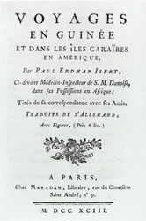 ギニアとアメリカのカリブ諸島の旅行のタイトルページ、ポール・アードマン・イサート著、1743年発行