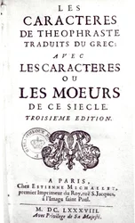 ギリシャ語から翻訳されたLes Caracteres de Theophrasteのタイトルページ、La Bruyere（1645-96）1688によるLes Caracteres ou les mores de ce siecle