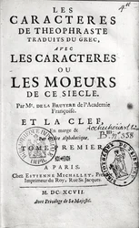 Theophrastuss The Characteres or Mannersのタイトルページ、ジャン・ド・ラ・ブリュイエール（1645-96）1697年訳