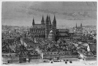 トゥルネー：ノートルダム寺院（Notre-Dame）の外観と街のパノラマ写真。カミーユ・ルモニエ（1844-1913）ベルギー人作家の物語「ベルギー」を説明するためのバークレイによる版画。Le Tour du monde, nouveau journal des voyages, second semeste』に掲載。