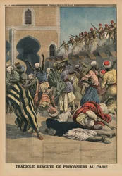 カイロでの囚人の悲劇的な反乱、「ルプチジャーナル」の裏表紙イラスト、補足イラストレーター、1914年1月18日