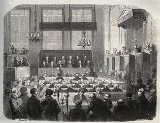 1856年5月に中央刑事裁判所で行われた、ルージュリーでジョン・パーソンズ・クックを毒殺したウィリアム・パーマーの裁判（エングレーヴィング） - 1856年にロンドンの中央刑事裁判所で行われたウィリアム・パーマーの裁判 - Armand Fouquiの "Causes celebres de tous peuples "に掲載されたエングレーヴィング