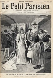 Mi Careme Fete（ミ・カレーム・フェット）の前夜、工房でトイレを試す：ホワイトニングの女王。1893年3月12日の新聞「Le Petit Parisien」に掲載された1枚（エングレービング