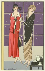 Art-Goût-BeautéパブのJeanPatouとBeerによるお茶を飲み、デザインを着た2人の女性。 1924年