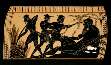 ユリシーズと仲間たちがキュクロプスのポリュペーモスの目をえぐる、古代ギリシアの壺による挿絵、1887年