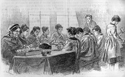 パリのサルペトリエールで行われた若いバカな女の子のためのワークショップ（『le journal de la jeunesse』1887年所収）。