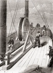 ブレイザー号でドーバー・カレー間の海底ケーブルを解く、1851年12月25日、1870年頃に出版された『Les Merveilles de la Science』より（彫刻画
