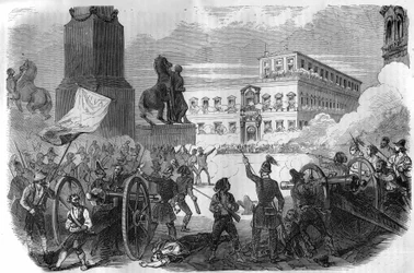 ボローニャでの暴動：1831年から1846年までグレゴワール16世教皇のもとで行われた教皇庁の転覆。モーリス・ラシャトレ著「Histoire des Papes-Rois-Queen and Empereurs a travers les centuries」に掲載されている図版