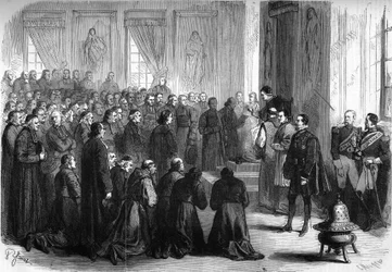バチカン公会議第1回（1869～1870年）。教皇ピウス9世（1792-1878）は、エヴェック派に従うフランスの教会家たちを一般謁見した。