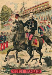 ボナパルティスト支持者の先頭に立つヴィクトル・ナポレオン（1862-1926）。ナポレオン1世の最後の継承者は、1886年に第三共和制で可決された法律により亡命せざるを得なかった。1889年3月30日、パリの「ル・フィガロ」紙に掲載された版画。コル。Selva。