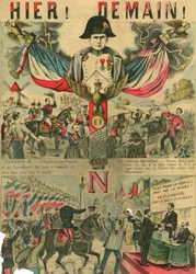 ボナパルティスト支持者の先頭に立つヴィクトル・ナポレオン（1862-1926）。ナポレオン1世の最後の継承者は、1886年に第三共和制で可決された法律により亡命せざるを得なかった。1889年3月30日、パリの『ル・フィガロ』誌に掲載された版画。
