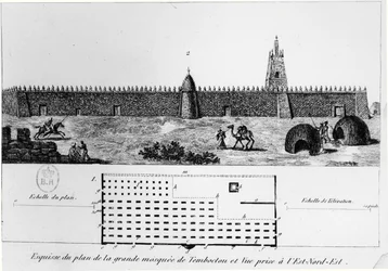ジャーナルドゥンボヤージュトンブクトゥ（ルネケイリー作）（1799〜1838年）、1830年、ティンブクトゥの大モスクの眺めと計画