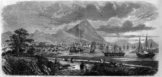1857年の香港(ホンコン)市(カントンベイ島)の眺め。1857年10月31日付の「Le Monde Illustré」n°29に掲載されたエングレーヴィング。