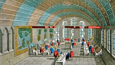 1758年、ドイツ・フランクフルト市庁舎で皇帝とザクセン選帝侯のために行われた晩餐会の様子（彩色彫刻）