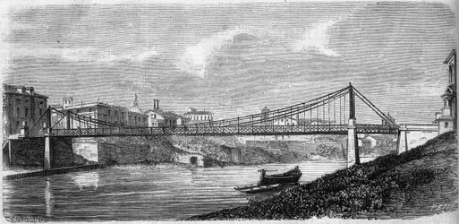 1863年に開通したイタリアのテベレ川（Tevere）に架かる聖ヨハネ橋の様子。アルフォンス・オードリー（1819-1869）が設計した鉄橋。1863年12月19日付「Le Monde Illustré」349号に掲載された図版。