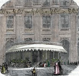 1860年頃のパリ、パレ・ロワイヤルのカフェ・ド・ラ・ロトンドの風景（カラー・エングレーヴィング