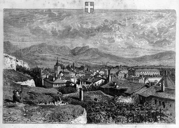 サヴォイのシャンベリの街の風景。La republique illustree "の個人コレクションにある1880年のエングレーヴィング。