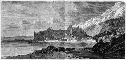 1860年のモナコの街の風景。1860年4月14日付「The Illustrous World」157号に掲載されたエングレーヴィング。