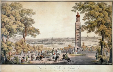 サン・クラウド公園のランタンまたは「デモステーンのランタン」から撮影されたパリ市内の眺め 皇帝ナポレオン1世が代表として庭園を歩いている様子、ランタンの光が皇帝の存在を示しています。19世紀のリトグラフ