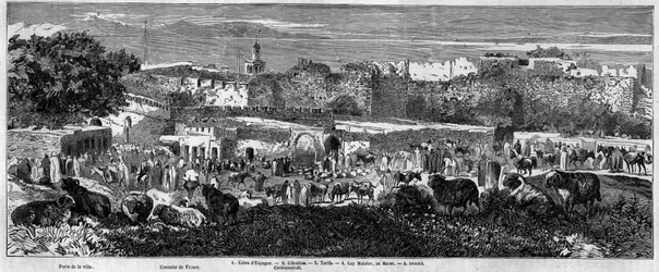 アラブ人の行進の日のタンジール（モロッコ）の街の風景。1859年10月1日付の "Le Monde Illustré "129号に掲載されたエングレーヴィング。