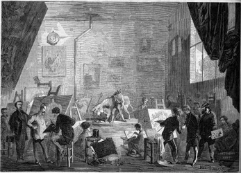 パリのノートルダム・デ・シャン通りにある画家ギュスターヴ・クールベ（1819-1877）のアトリエの風景
