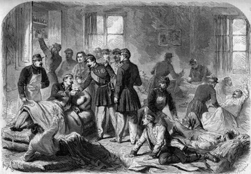 1859年5月21日、ヴォゲラの即席救急車でモンテベロの戦いの負傷者を見舞う皇帝ナポレオン3世。ムーランのスケッチからのエングレーヴィング。