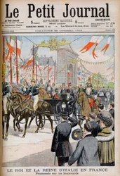 イタリア国王夫妻のフランス訪問。フランスにおけるイタリア国王夫妻。Le President of the French Republic Emile Loubetとの大通りでのプロムナード - Le petit Journal, 25 October 1903のためのイラスト - Victor Emmanuel III (Victor-Emma