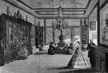 1863年にフォンテーヌブロー城に設置されたウジェニー・ド・モンティージョ皇后の中国博物館の様子。1863年7月4日付の "Le Monde Illustre "325号に掲載された図版。