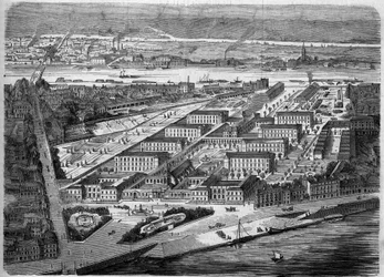 1863年に落成したナントのホテル・デュー（Hotel-Dieu）の外観。この病院は1943年の空襲でほぼ全壊する。Loire Atlantique (44).1863年12月5日発行の「Le Monde Illustre」347号に掲載された版画。